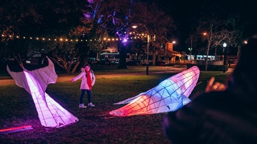 Girl having her picture taken with a giant lit up whale placed in the park which looks like it is swimming out of the ground.