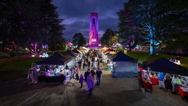 Crowds wandering the twilight markets in the park.